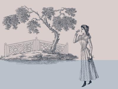 Stregtegning af 1800-tals-dame og bro